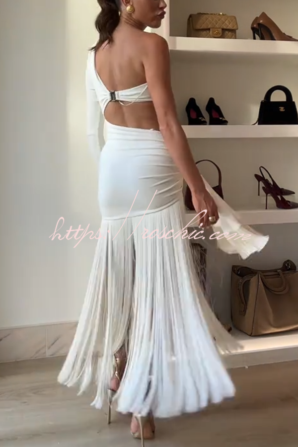 One Shoulder Cutout Maxi Dress with Tassel Trim