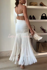 One Shoulder Cutout Maxi Dress with Tassel Trim