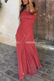 Mesh Ruched Strapless Flare Maxi Dress for Vacation & Party