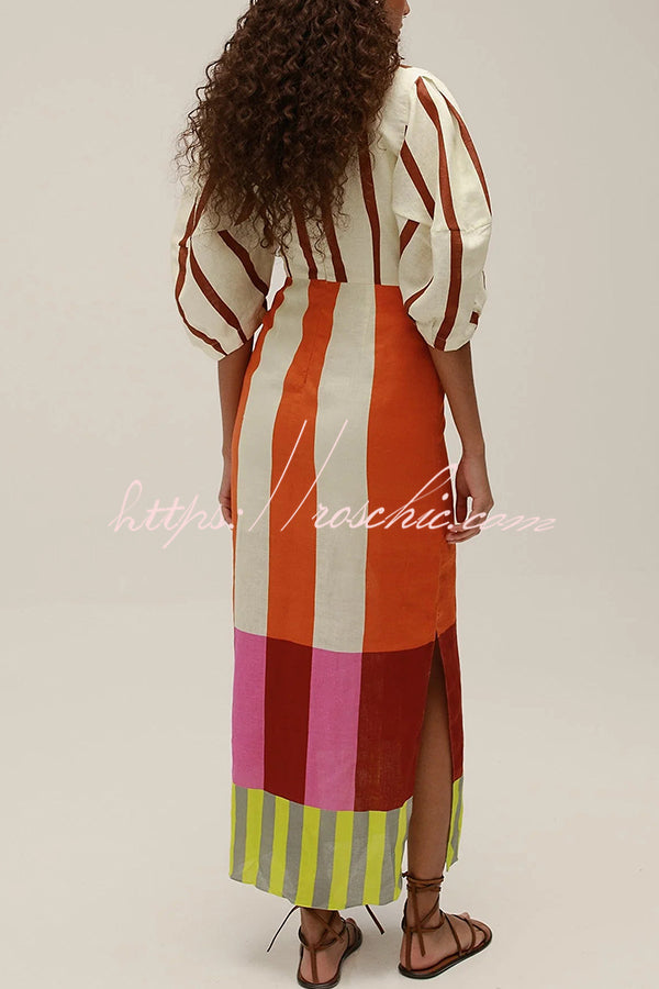 Linen Blend Color Block Puff Sleeve Maxi Dress