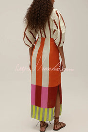 Linen Blend Color Block Puff Sleeve Maxi Dress