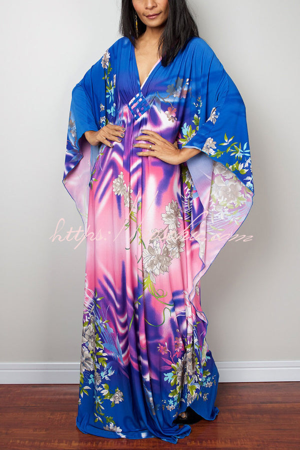 Printed Batwing Sleeve Loose Maxi Dress for Vacation