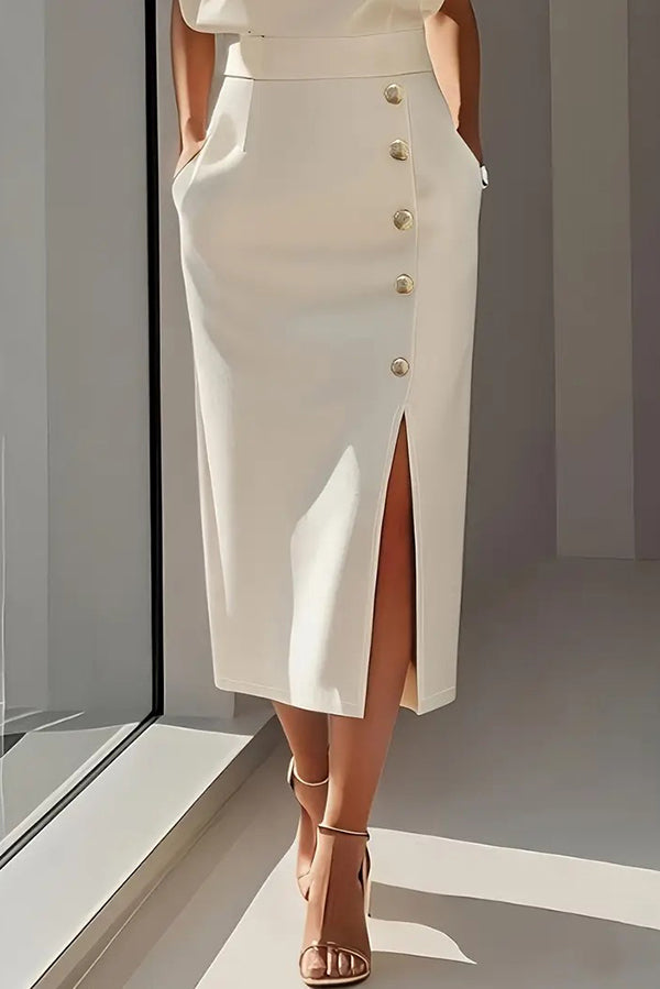 Long Sleeve Midi Dress with Button Detail and Side Slit
