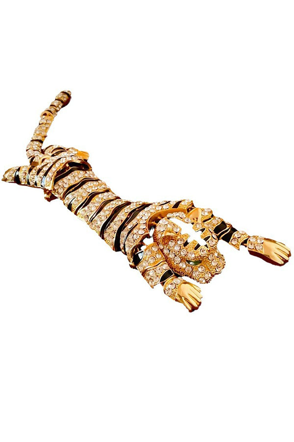 Vintage Rhinestone Tiger Brooch | Zinc Alloy Statement Pin