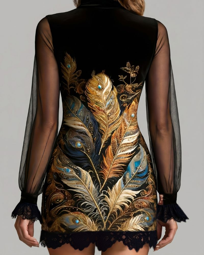 Lace-Trim Printed Mesh Mini Dress