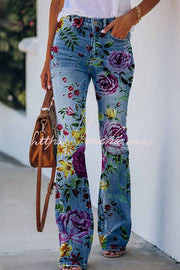 Faux Denim Print High Rise Flare Pants – Women's Casual