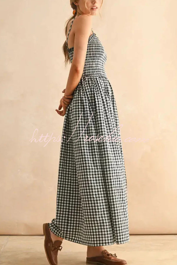Plaid Print Ruched Maxi Dress with Pockets