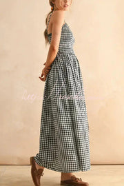 Plaid Print Ruched Maxi Dress with Pockets