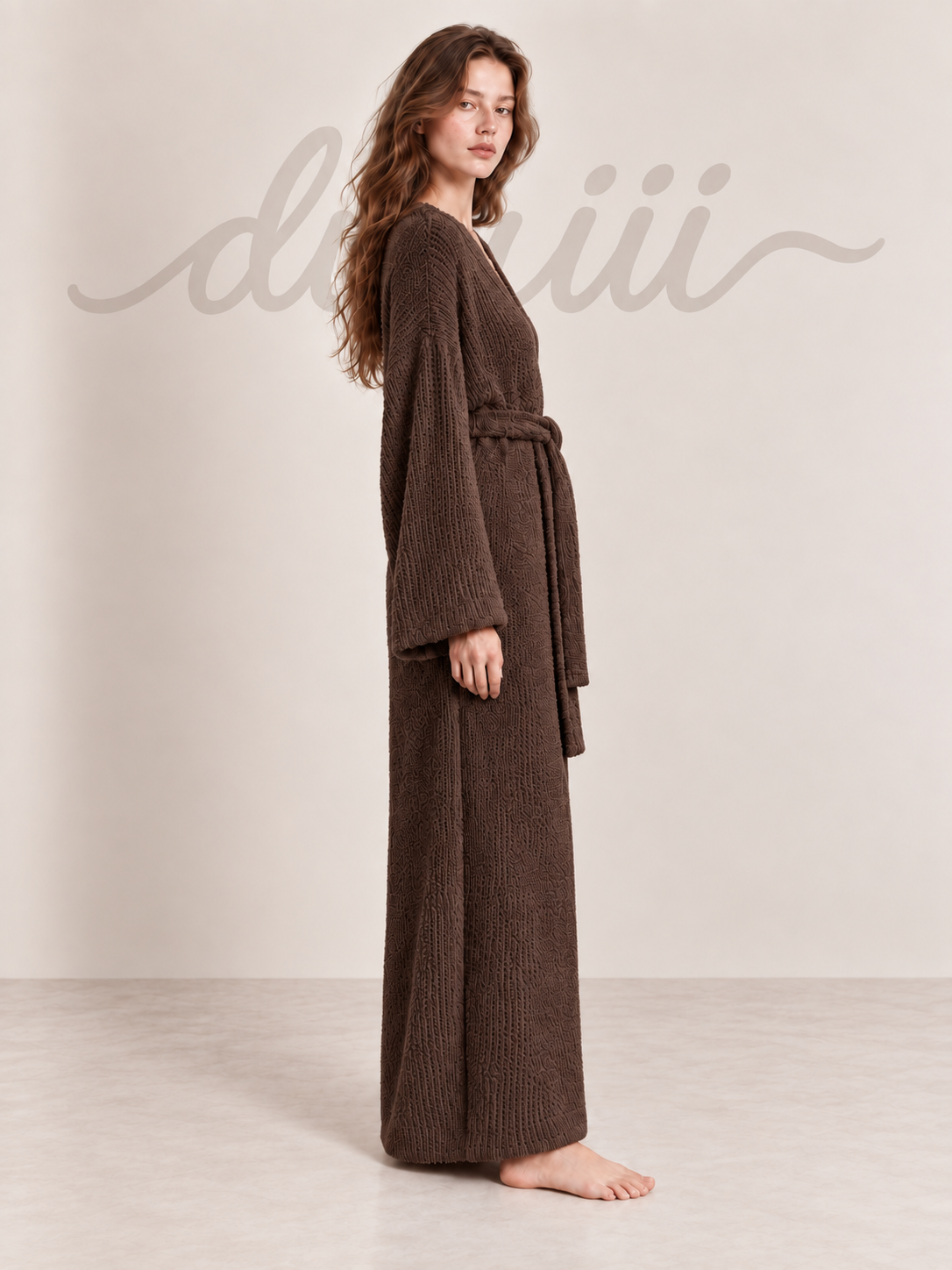 Textured Knit Full-Length Robe with Tie Belt