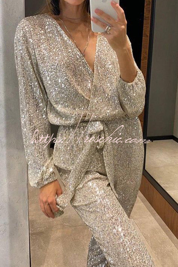 Sequin Long Sleeve Belted Wrap Jumpsuit – Loose Fit