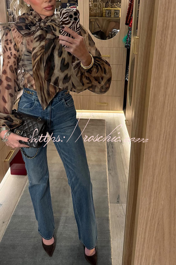 Semi-Sheer Silk Animal Print Bow Neck Balloon Sleeve Blouse
