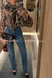 Semi-Sheer Silk Animal Print Bow Neck Balloon Sleeve Blouse
