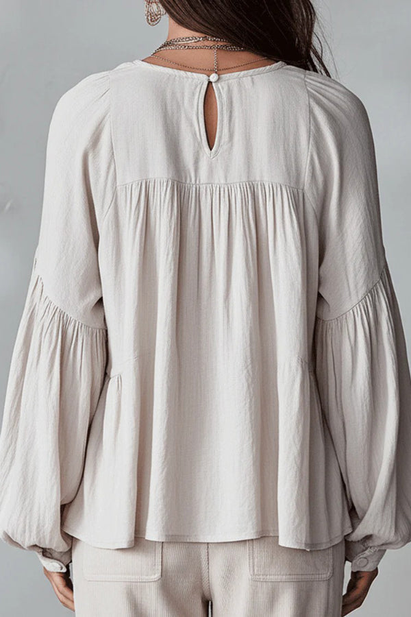 V-Neck Puff Sleeve Loose Top with Ruffle Detail