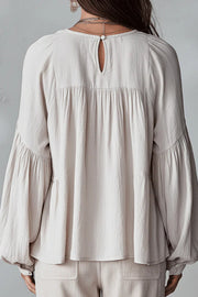 V-Neck Puff Sleeve Loose Top with Ruffle Detail