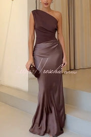 Satin One Shoulder Ruched Maxi Dress for Party
