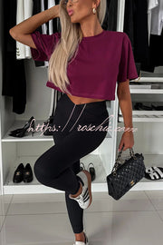 Cropped Short Sleeve Stretch T-Shirt with Shoulder Pads