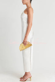 Robe longue dos nu métallisée avec fente à franges