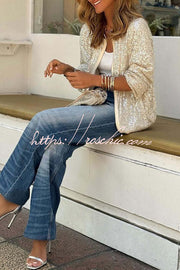 Sequin Zip-Up Long Sleeve Coat – Loose Fit Party Top