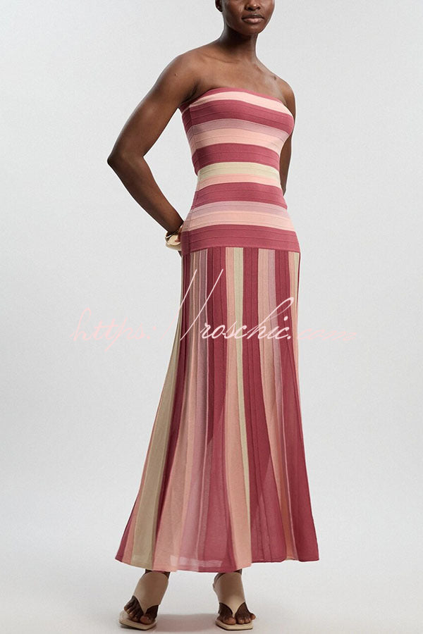 Color-Block Striped Off Shoulder Knit Maxi Dress