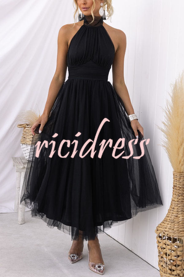 Tulle Halter Maxi Dress with Gathered Detail