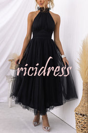 Tulle Halter Maxi Dress with Gathered Detail
