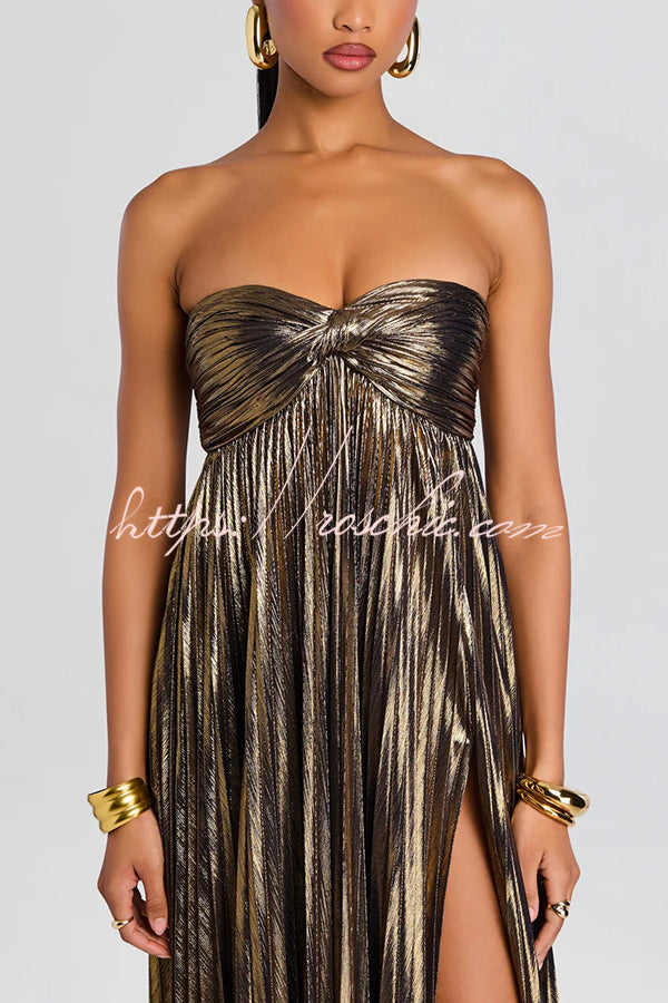 Metallic Pleated Off-Shoulder High Slit Maxi Dress
