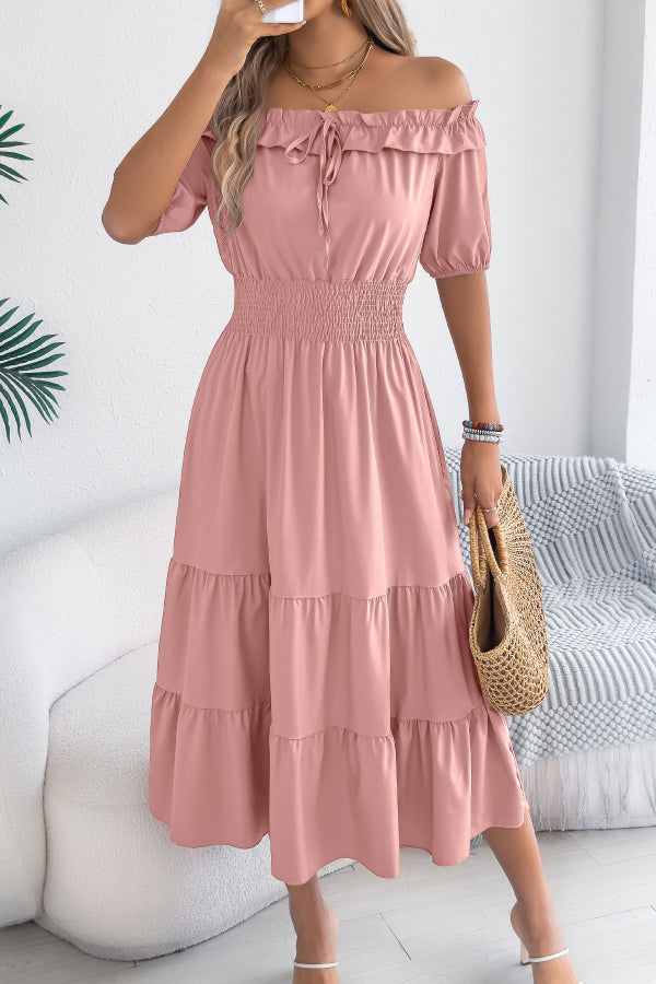 Off-Shoulder Pleated Midi Dress – Casual Vacation Style