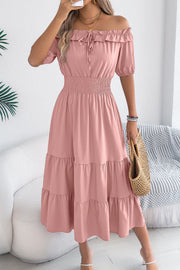 Off-Shoulder Pleated Midi Dress – Casual Vacation Style