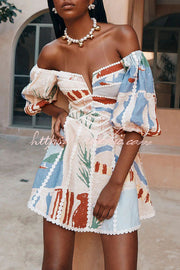 Linen Blend Puff Sleeve Mini Dress with Ric Rac Trims