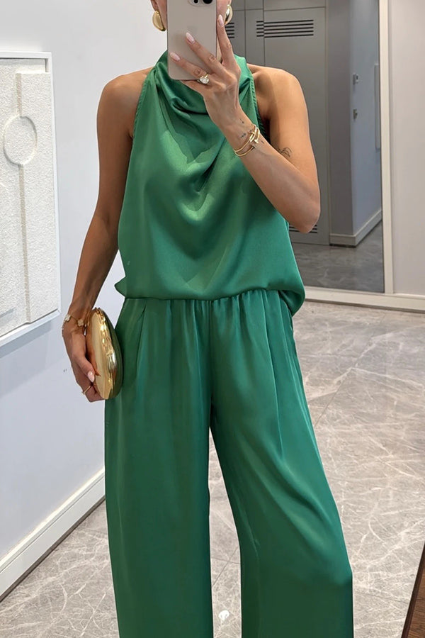 Satin Cowl Neck Top & Loose Pants Set | Sleeveless Two-Piece