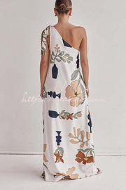 One Shoulder Printed Loose Maxi Dress with Pockets