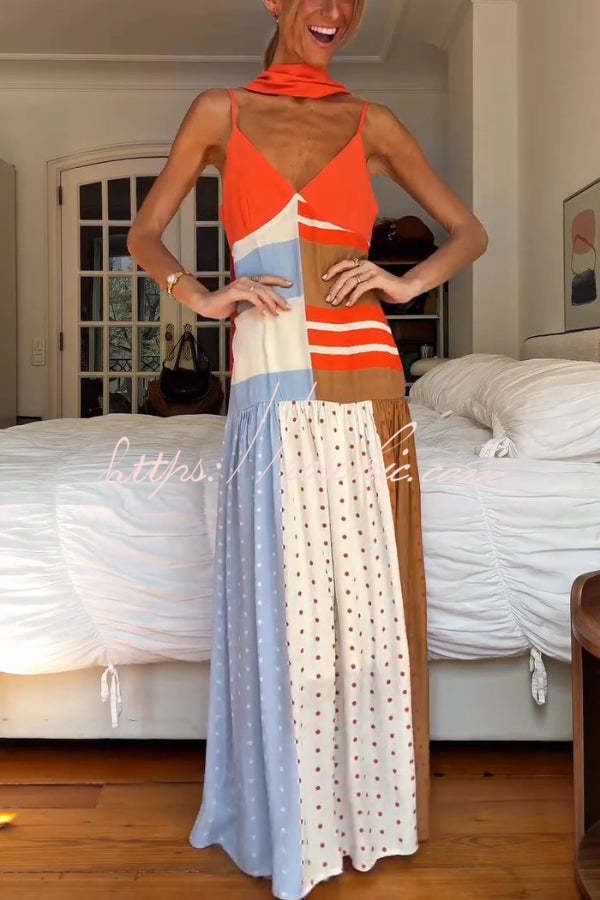 Color-Block Polka Dot Print Pleated Maxi Dress
