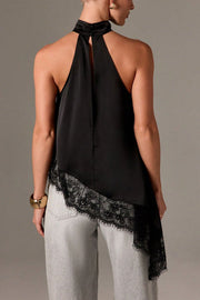 Satin Sleeveless Halter Top – Loose Fit Lace Hem