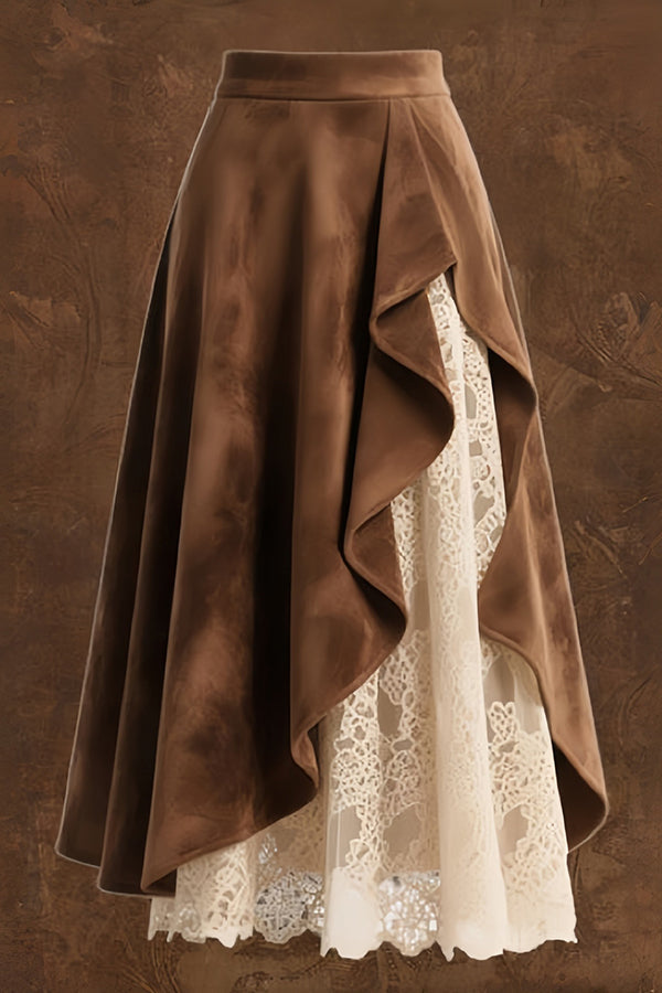 Suede & Lace Patchwork Asymmetrical Midi Skirt