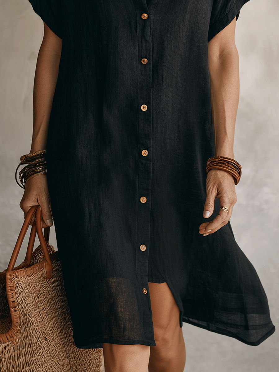 Black Linen Relaxed Midi Dress – Modern Boho Style