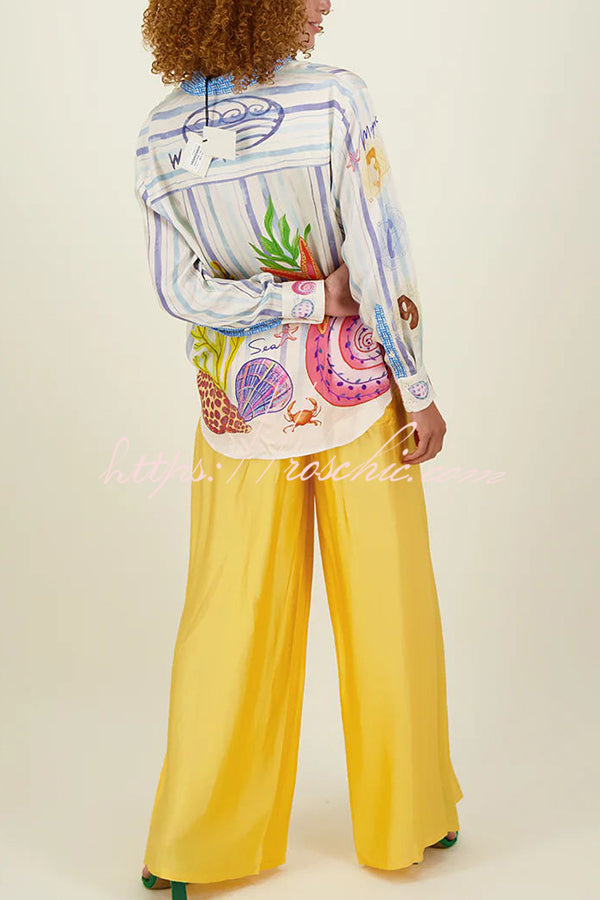 Satin Ocean Print Oversized Button-Down Blouse