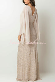 Chiffon Batwing Sleeve Floral Embroidered Sequin Maxi Dress
