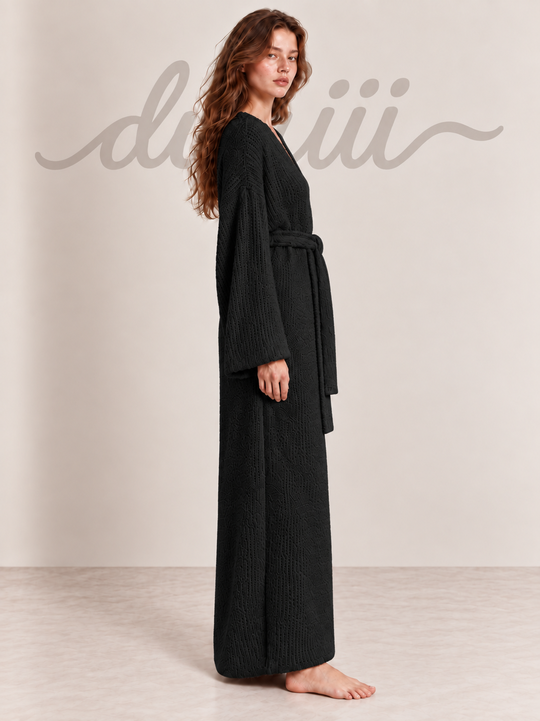 Textured Knit Full-Length Robe with Tie Belt