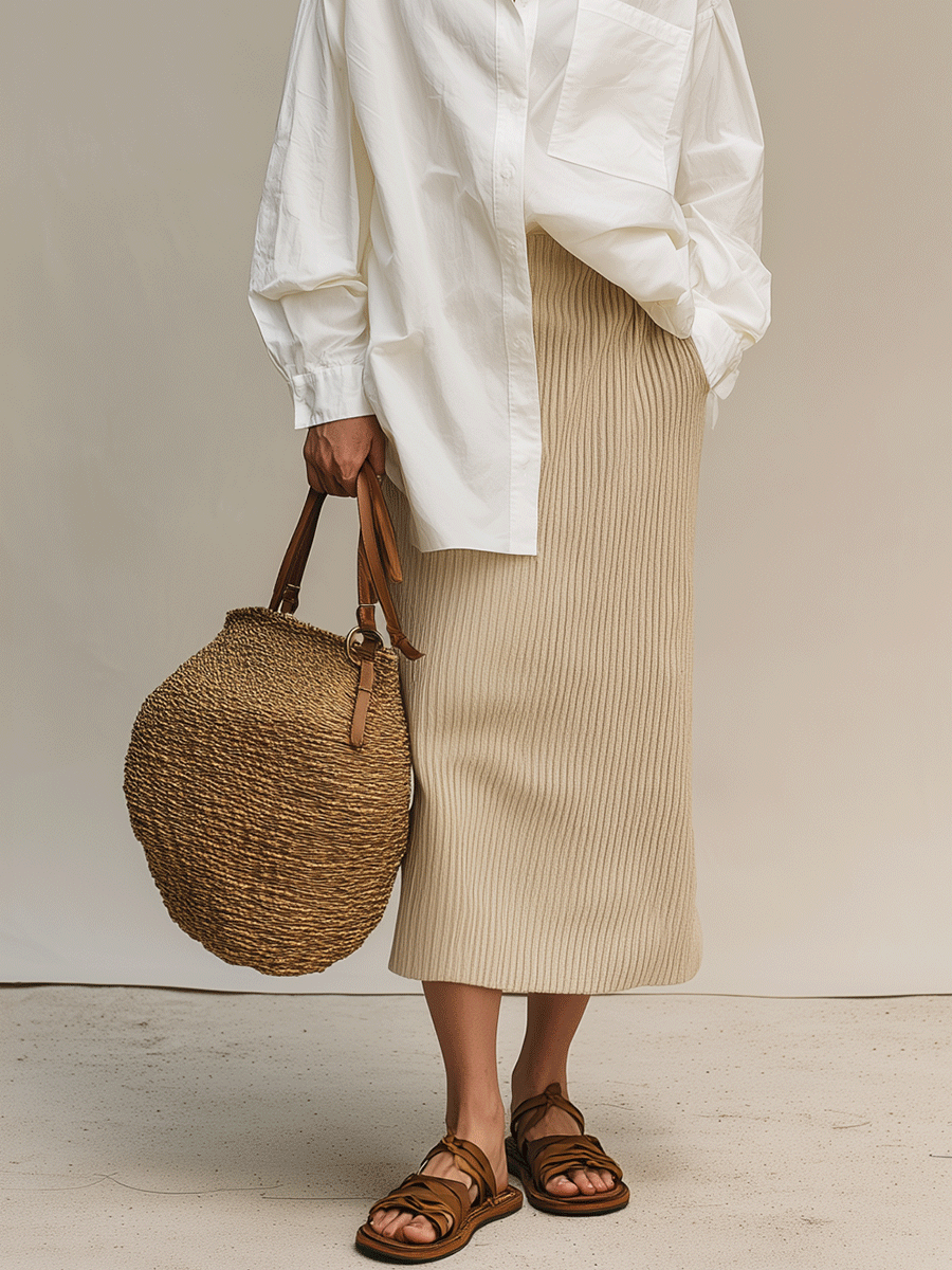 Bohemian White Shirt & Ribbed Midi Skirt Set
