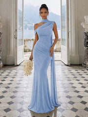 One Shoulder Formal Evening Gown with Built-In Bra, Ruched Mesh