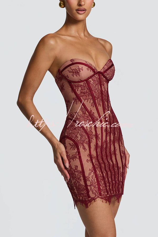 Floral Lace Strapless Mini Dress with Lace-Up Back