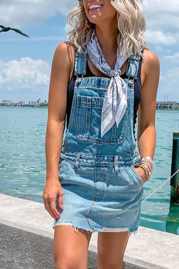 Adjustable Buckle Denim Overall Dress, Sleeveless