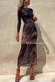 Mesh Overlay Tie Dye Long Sleeve Ruched Midi Dress