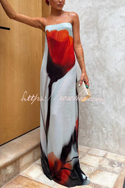 Abstract Tulip Print Maxi Dress – Square Neck Vacation Slip