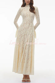 Floral Lace Mock Neck Bell Sleeve Pleated Maxi Dress