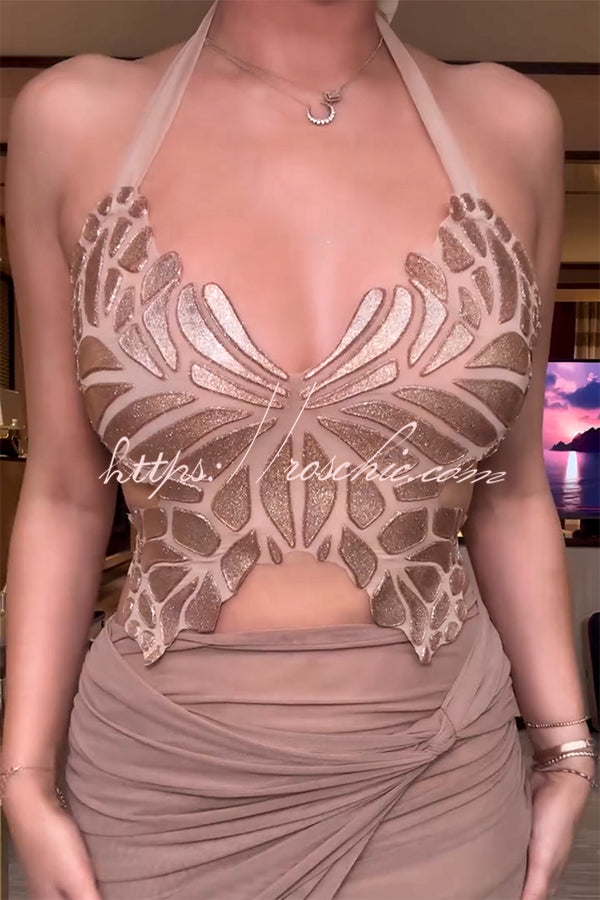 Gold Metallic Butterfly Halter Tank Top | Lace-Up Back