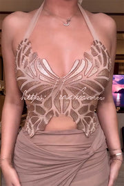 Gold Metallic Butterfly Halter Tank Top | Lace-Up Back