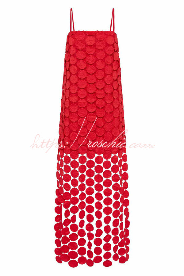 Embroidered Polka Dot Square Neck Tassel Hem Slip Maxi Dress