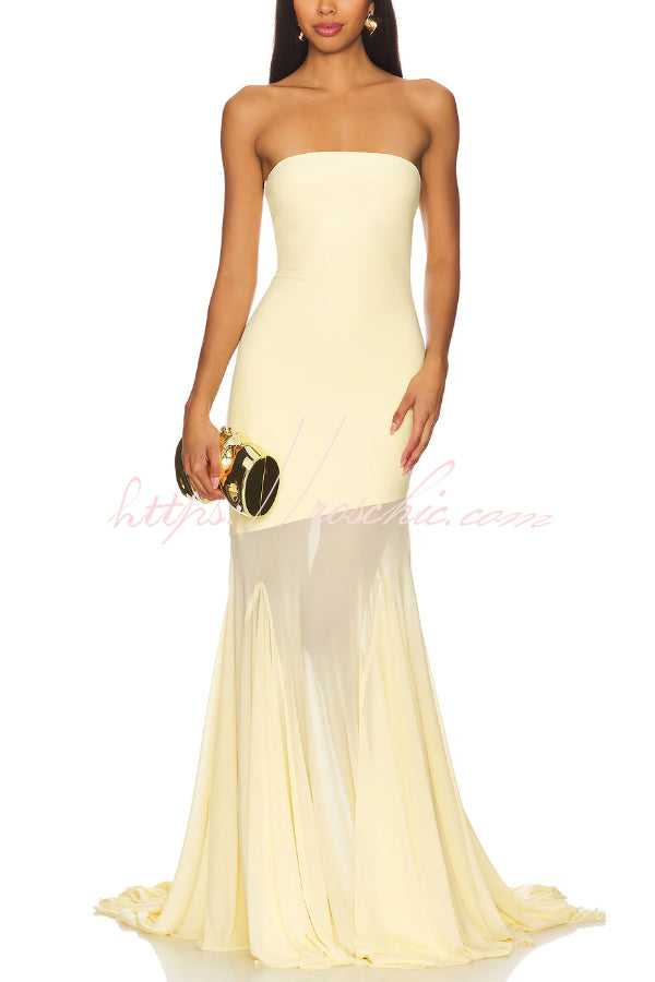 Off-Shoulder Mesh Panel Sleeveless Fitted Maxi Dress