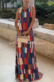 Linen Blend Color Block Plaid Sleeveless Maxi Dress